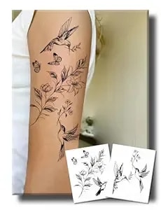 2 Sheets Long Lasting Hummingbird Temporary Fake Tattoos For Men Women Adults Arm,Lily Leaves Semi Permanent Tattoo For Adults Girl, Waterproof Non-Reflective, Valentine'S Day Gifting
