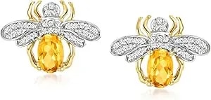 Ross-Simons 0.80 Ct. T.W. Citrine And .25 Ct. T.W. Diamond Bee Earrings In 14kt Yellow Gold