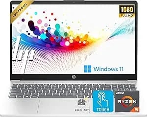 HP Touchscreen 15.6" FHD Business Laptop Computer - 2026 Edition - AMD Ryzen 5 (Up To 4.3GHz) - 8GB DDR5 RAM, 256GB Pcie SSD - AI Copilot Key - Windows 11 With Office 365 For The Web • W/O Mouse