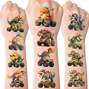 Aresvns 117 Pcs Monster Truck Dinosaur Pre-Cut Temporary Tattoos For Kids - Fake Tattoos For Girls Boys, Goodie Bags Stuffers Birthday Party Decoration Supplies Summer Swimming Pool