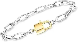 Ross-Simons Italian Sterling Silver And 18kt Gold Over Sterling Paper Clip Link Padlock Bracelet