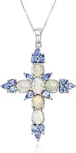 Ross-Simons Ethiopian Opal And 1.90 Ct. T.W. Tanzanite Cross Pendant Necklace In Sterling Silver