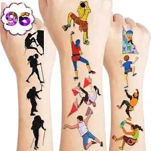 96pcs Rock Climbing Temporary Tattoos Pre-Cut Birthday Party Decorations Favors Supplies Decor Outdoor Extreme Sports Mountain Climb Tattoo Gifts Stickers For Climbers Kids Boys Girls School Prizes