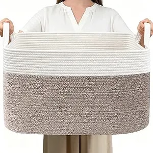 65l Laundry Basket With Handles, Woven Blanket Basket, White/Brown - 21"×16"×12" Collapsible Cotton Rope Storage Basket For Toys Clothes & Pillows, Nursery, Bathroom, Bedroom, Living Room