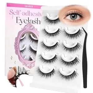 Calailis Self Adhesive Eyelashes Natural Look Wispy Press On Lashes No Glue Need Eyelashes 5 Pairs Reusable Cat Eye Self-Adhesive False Lashes (c122)