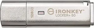 Kingston Ironkey Locker+ 50 128GB Encrypted USB Flash Drive - USB 3.2 Gen 1 - XTS-AES Protection - Multi-Password Security Options - Automatic Cloud Backup - Metal Casing - IKLP50/128GB