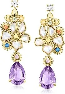 Ross-Simons Mother-Of-Pearl And 5.50 Ct. T.W. Multi-Gemstone Flower Drop Earrings In 18kt Gold Over Sterling