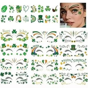 12 Pairs St Patricks Day Face Makeup Patches, Glitter Eyeliner Stickers Decals, 16 Sheets Tiny Temporary Tattoo For Women Girls Fake Tattoos Party Supplies