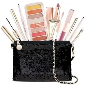 Color Nymph Makeup Kit For Girls, Women Make Up All In One Makeup Set For Starter With Sequin Bag, 9 Colors Eyeshadow Palette, Lip Gloss, Eyeliner, Mascara - Orange Pink, Party Wedding Evening Bag