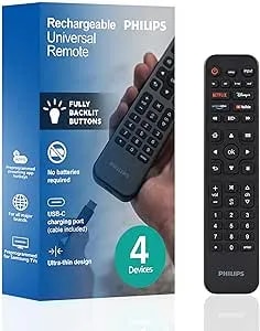 Philips Rechargeable Tv Remote Control, Universal Remote Control, Backlit Buttons, Samsung Tv Replacement For Smart Tvs, Apple Tv, Sony, Lg Tv, 4-Device, srp3625b/37