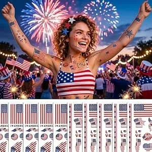 Echosari 4th Of July Temporary Tattoos, 105 Pcs Usa Tattoo Stickers, Fourth Of July Body Art Decorations For Kids Memorial Day Party Celebration