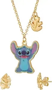 Disney Stitch Jewelry Set Official License With 16+3 Necklace And Palm Leaf - Earrings, Gold Tone Fashion Necklace And Stud Earrings