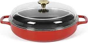 Sur La Table Kitchen Essentials Supper Club 3.75 Quart Enamel Cast Iron All In One Multi-Purpose Non-Toxic Nonstick Braiser Pan W/Borosilicate Glass Lid - Red
