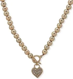 Anne Klein 16" Gold Necklace Featuring 3" Extender, Toggle Styling, Pave Heart Drop Charm, And Lobster Clasp Closure