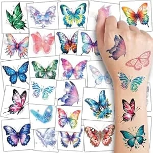 Charlent Glitter Butterfly Temporary Tattoos For Kids - 74 Individually Sheets Watercolor Butterfly Tattoos For Kids Birthday Decorations
