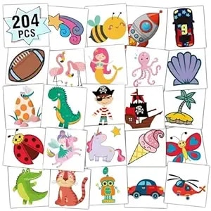 Partywind Kids Temporary Tattoos, 204 Pcs Fake Tattoo Stickers For Kids Party Supplies Favors Decorations, Surprise Birthday Goodie Bag Stuffers (Individually Wrapped)