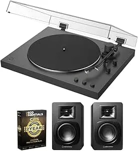 Sony Ps-lx3bt Full Auto Playback Turntable With Bluetooth Connectivity, Black Bundle With Audio-Technica At-sp3x Bookshelf Speakers And Deco Essentials Cps Exclusive 2 Yr Protection Pack