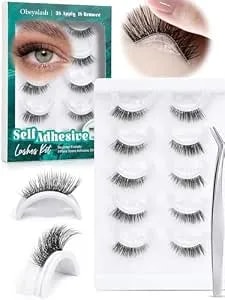 Obeyalash Self Adhesive Half Eyelashes Cat Eye, Waterproof 3/4 Corner False Lashes,5 Pairs Natural Look Stick On False Eyelashes, No Glue Needed, Wispy Glueless Lashes With Tweezers(14mm hn02)