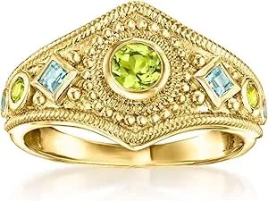 Ross-Simons 0.30 Ct. T.W. Peridot And .24 Ct. T.W. Swiss Blue Topaz Milgrain Ring In 18kt Gold Over Sterling