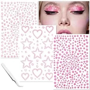 Pink Face Gems Self-Adhesive Hair Jewels,Bling Heart Star Jewels For Makeup, Festival, Stick On Gems Rhinestones Stickers, Pink Face Glitter Rave Accessories For Women Girls