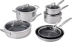 Henckels Paradigm Stainless Steel 10 Pc Cookware Set, Tri-Ply Ceramic Nonstick Cookware, Non Toxic Induction Cookware Set, Metal-Utensil & Dishwasher Safe