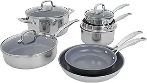 Henckels Clad h3 10-Pc Induction Ceramic Nonstick Pot And Pan Set, Stainless Steel, Durable And Easy To Clean