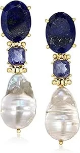 Ross-Simons 14-16mm Cultured Baroque Pearl And 3.60 Ct. T.W. Iolite Drop Earrings With Lapis In 18kt Gold Over Sterling