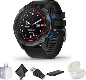 Garmin Descent mk2i, Watch-Style Dive Computer With Air Integration, Multisport Smartwatch, Titanium Carbon Gray Dlc With Black Band Bundle With Microfiber Cleaning Cloth + Wireless Earbuds