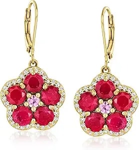 Ross-Simons 7.00 Ct. T.W. Ruby And 1.00 Ct. T.W. White Topaz Flower Drop Earrings With .40 Ct. T.W. Pink Sapphires In 18kt Gold Over Sterling