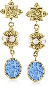 Ross-Simons Italian Tagliamonte Blue Venetian Glass And 4-4.5mm Cultured Pearl Drop Earrings In 18kt Gold Over Sterling