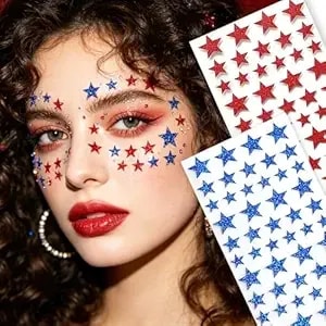 4th Of July Face Stickers, Glitter Red Blue Star Tattoos Sticker For Women Girls Independence Day Self-Adhesive Decals For Face Body Nail Patriotic Party Festival Makeup Decor Diy Crafts