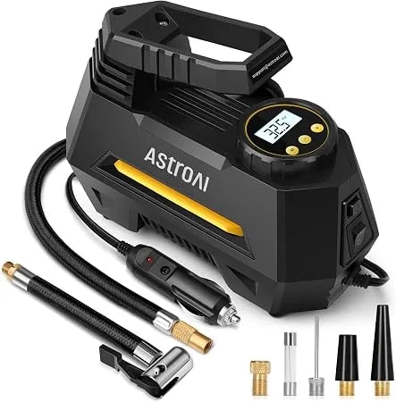 Astroai Airun H Tire Inflator Portable Air Compressor, 12v Dc Tire Inflator, Auto Shut-Off With Digital Pressure Gauge & Led Light, Fast Inflation For Car, Motorcycle, Bike Tires, 9.8ft Cord, Yellow