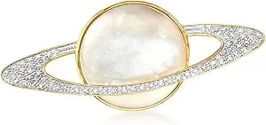 Ross-Simons Mother-Of-Pearl And .20 Ct. T.W. Diamond Planet Pin In 18kt Yellow Gold Over Sterling Silver