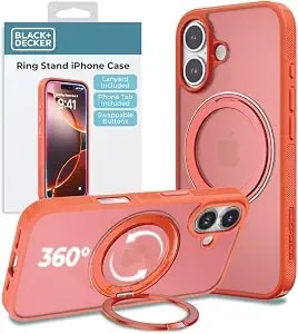 Black+Decker 360°Spin Magnetic Stand For Iphone 16 Pro Case, Compatible With Magsafe Protective Stylish For iphone16 Pro Case For Women, Ostand Kickstand Rotatable, Lanyard, Extra Buttons, Coral