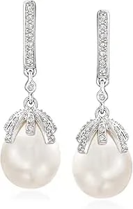 Ross-Simons 9-9.5mm Cultured Pearl And .12 Ct. T.W. Diamond Drop Earrings In Sterling Silver