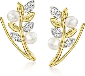 Ross-Simons 3.5-4mm Cultured Pearl Leaf Ear Climbers With Diamonds In 14kt Yellow Gold