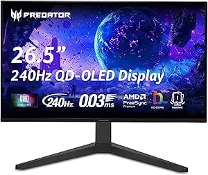 Acer Predator Gaming Monitor - 26.5" WQHD 2560x1440 QD-OLED - AMD Freesync Premium - 240Hz - 0.03ms - Tilt, Height Adjustment, Pivot & Swivel - DCI-P3 99% - 2 X DP 1.4 & 2 X HDMI 2.1 - X27U W1bmiipprx