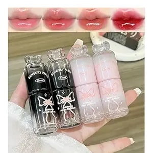 4 Colors Hydrating Gloss Set, Moisturize Mirror Lip Glaze Cute Bow Jelly Wayery Lip Gloss For Women Natural Bright Glossy Lipgloss Liquid Lipstick