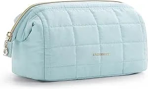 Bagsmart Makeup Bag Travel Toiletry Bag, Puffy Padded Make Up Bags For Women Makeup Organizer Case, Wide-Open Pouch Purse Travel Essentials Toiletries Accessories Brushes, Light Blue