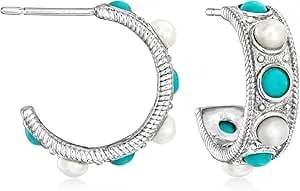 Ross-Simons Turquoise And 3-3.5mm Cultured Pearl Hoop Earrings In Sterling Silver