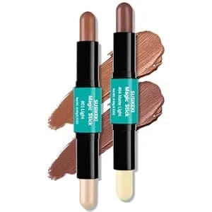 Contour Stick, 2pcs Dual-Ended Highlighter Makeup Pen & Contouring Stick For Face Shaping, Long Lasting Waterproof Cream Bronzer & Highlight Sticks Make Up Kit For All Skin Tones (01# + 04#)
