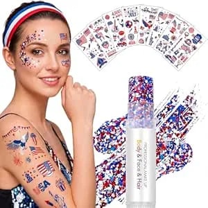 Patriotic Temporary Tattoos And Usa Flag Face Hair Glitter Kit, 100 Pcs American Flag Tattoos, Red White Blue Glitter For 4th Of July Independence Day Memorial Day Party Favors Makeup For Face Body