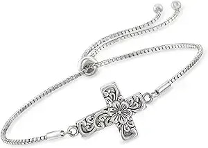 Ross-Simons Sterling Silver Bali-Style Floral Cross Bolo Bracelet