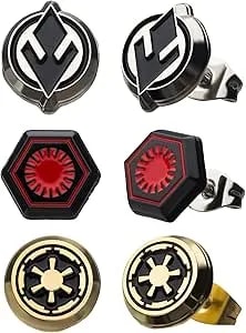 Star Wars: The Rise Of Skywalker, Unisex Adult, Star Wars Episode 9 Sith, First Order & Imperial Symbol Enamel Stud Earrings Set (3 Pairs), Black, Red, Yellowgold, One Size