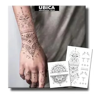 Tattoo Tech, 2 Sheets Henna Design Semi Permanent Tattoo, Black BohéMian Totems Realistic Fake Temporary Tattoos For Men Women, Lasts 7-15 Days Arm Finger Stickers, Waterproof & Non-Reflective