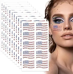 100pcs American Flag Face Gems, Red White Blue Flag Rhinestone Sticker