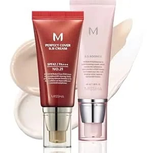 Missha Bb Essentials Kit M Perfect Cover Bb Cream No.21 Light Beige - Light With Cool Undertone/Spf 42 Pa+++ 1.69 Oz & M Bb Boomer 1.35 Oz -Lightweight, Multi-Function, High Coverage