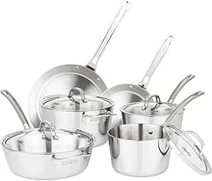 Viking Contemporary 3-Ply Pots And Pans Set, 10 Piece Stainless Steel Kitchen Cookware, Silver