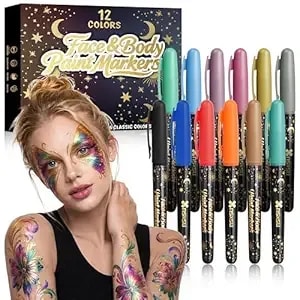 Nsxsu Metallic Face Paint Pens 12 Colors, Body Paint Temporary Tattoo Markers For Skin, Athena Face Paint Kit For Art Makeup Halloween Birthday Party Pride 4th Of July Accessories