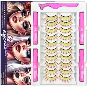 Magnetic Eyelashes Colored Eyelashes For Halloween Party Cosplay Makeup Kit,Yellow Mix Red Look,10 Pairs Wispy Color Magnetic Lashes With Eyeliner,18-23mm Fake Eyelash Cruelty-Free & Vegan